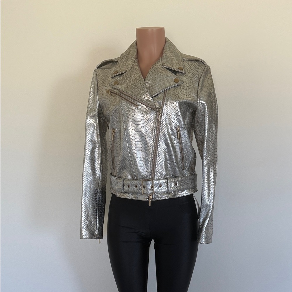 Women's Silver goldish Leather Jacket says 44